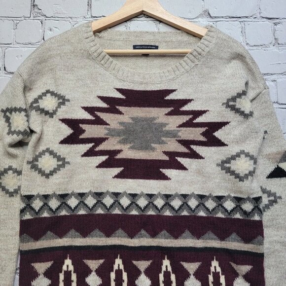 AEO American Eagle Outfitters Wool Blend Brown Tribal Pattern Knit Sweater Sz S - Picture 2 of 12